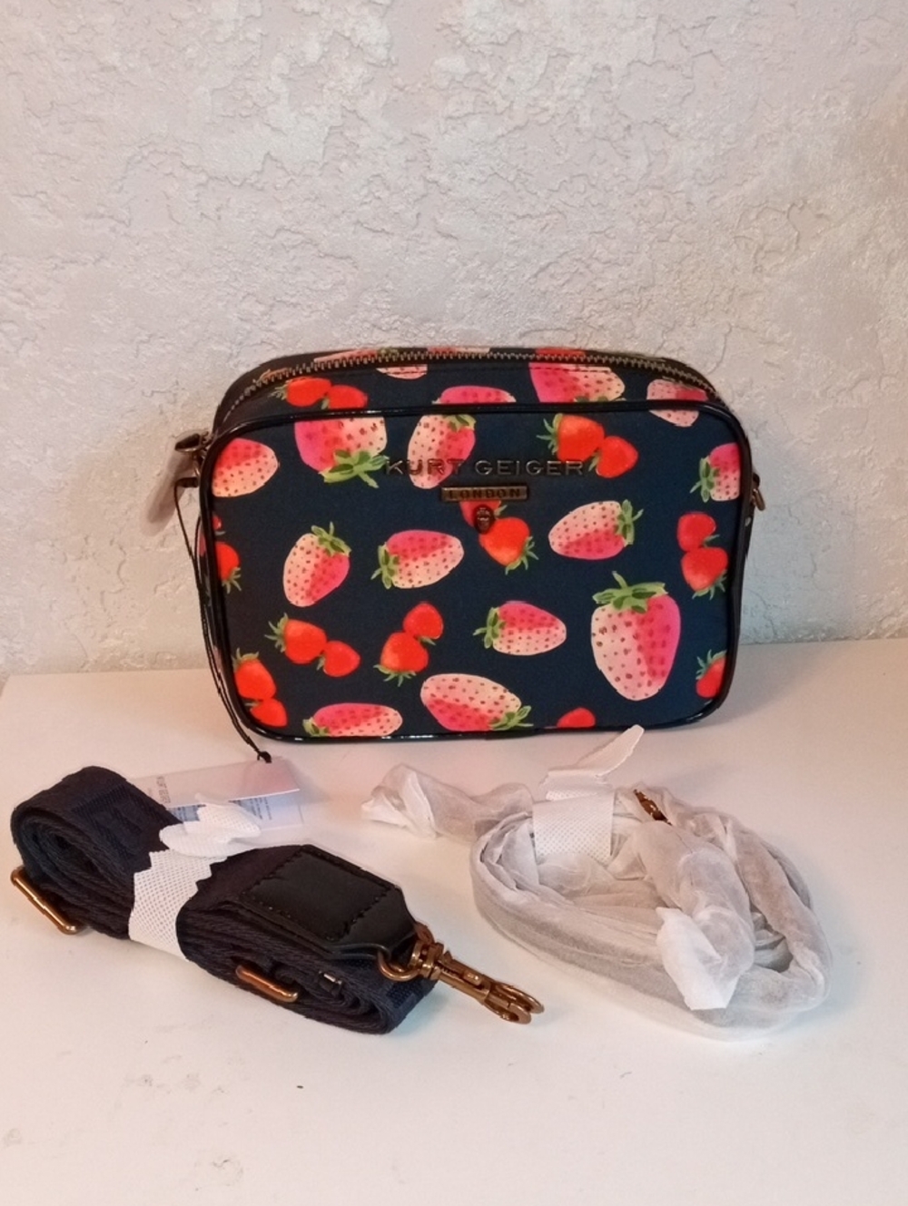 Kurt Geiger Navy Crossbody Bag with Pink and Red Strawberry Print NWT